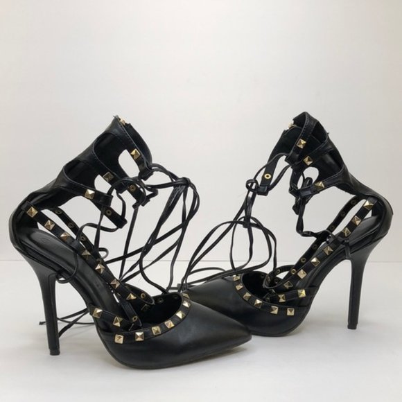 Wild Diva Black Gold Studded Leg Wrap Heels, 7 - Picture 7 of 10